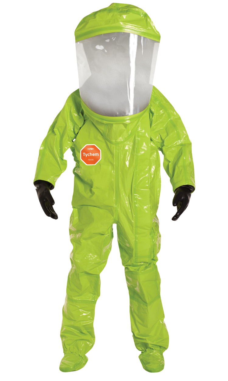 TK555T LY DuPont™ Tychem® 10000 Encapsulated Level A Chemical protection Suit with Expanded Back, Rear Entry and Attached PVC Gloves
